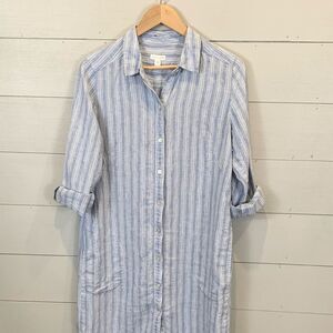 J Jill *Love Linen* Blue and White Striped Button-Up Shirt Dress size small